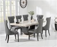 Raphael 200cm Cream and Black Pedestal Marble Dining Table With 6 Grey Freya Chairs