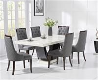 Raphael 200cm White and Black Pedestal Marble Dining Table With 6 Cream Francesca Chairs