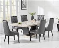 Raphael 170cm Cream and Black Pedestal Marble Dining Table With 4 Cream Angelica Chairs