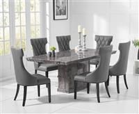 Carvelle 200cm Dark Grey Pedestal Marble Dining Table With 6 Grey Sophia Chairs