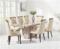 Carvelle 160cm Brown Pedestal Marble Dining Table With 4 Cream Francesca Chairs