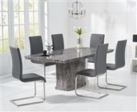 Carvelle 160cm Dark Grey Pedestal Marble Dining Table With 4 White Malaga Chairs