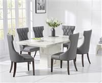 Carvelle 160cm White Pedestal Marble Dining Table With 4 Grey Sophia Chairs
