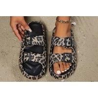 Women'S Leopard Print Buckle Flip Flops In 5 Sizes & 2 Colours - Khaki