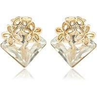 Gold Tone Plated Clip-On Flower & Crystal Earrings - Silver