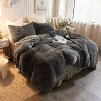 Groundlevel Faux Fur Yeti Duvet Cover Bed Set, Soft And Luxurious With Anti Pill Teddy Fleece Backing (King 220 x 230 cms, Dark Grey)