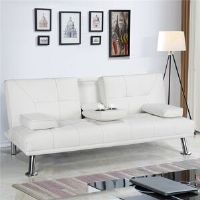 Yaheetech Upholstered Sofa Bed With Drop-down Cup Holders & Throw Pillows White 83cm H X 180cm W X 86cm D