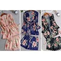 5-Piece Floral Satin Pyjama Set - Black, Blue Or Pink