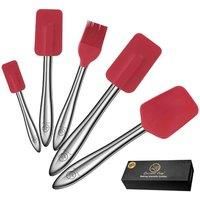 5pcs Silicone Kitchen Utensils Set Stainless Steel Handle - Silicone Spatula Set + Spoonula + Silicone Brush Heat Resistant - Great for Nonstick Cookware - Baking & Cooking Utensils (Red)