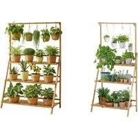 Bamboo Plant Stand with Hanging Hooks - 3-Tier or 6-Tier, Foldable Option