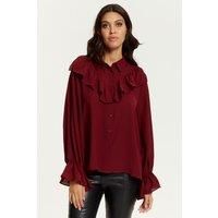 HOXTON GAL Women's Oversized Frilled Front Shirt with Detailed Cuffs in Red | Size: 8-10
