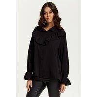 HOXTON GAL Women's Oversized Frill Detailed Long Sleeves Shirt in Black | Size: 8-10