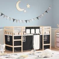 Kids' Loft Bed with Curtains White&Black 90x200cm Solid Wood Pine