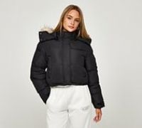 Closure London Womens Cropped Fur Hooded Puffer Jacket - Black - Size 10
