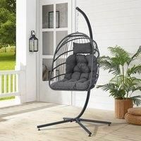£Breeins£Hanging Egg Shaped Rattan Swing Chair with Stand and Cushion