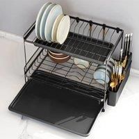 £Lifeideas£Black 2 Tier Dish Drying Rack with Drainboards