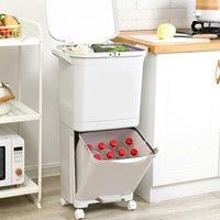 38L Double Compartment Trash Can with 4 Casters, White 2-Tier Design Waste Bin for Kitchen,