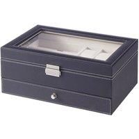 6 Watch Slots Luxury Black Leather Jewellery Box Multiple Compartments with Transparent Lid and