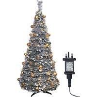 Elegant Pop Up Pre Lit Christmas Tree Gold Baubles 200 Warm LEDs Frosted Leaves Timer 2.1m