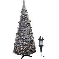 Christmas Pop Up Pre Decorated Tree 200 LEDs Frosted Leaves Silver Baubles Timer Stand 2.1m