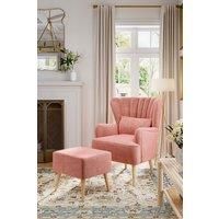 Pink Matte Velvet Stripe Curved Wing Back Armchair with Cushion and Footstool