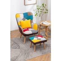 Colorful Multi-pattern Patchwork Accent Chair Wingback Sofa with FootStool and Cushion
