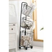 Metal Laundry Basket 3 Tiers Wire Storage Dirty Clothes Removable Basket with 4 Wheels