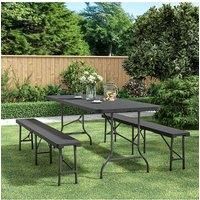 3-Piece Rattan Plastic Outdoor Camping Folding Table Bench Set