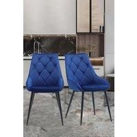 2 pcs Button Velvet Upholstered Dining Chair with Metal Legs