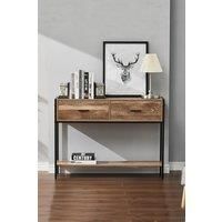 Rustic Brown Metal Frame Console Table with 2 Drawer and Shelf