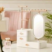LivingandHome Living and Home Jewelry Organizer Makeup Storage Box With Mirror Hanging Rod Necklace Earring Display-white,25X37.5Cm