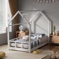 167cm W House Bed Frame Wood Toddler Bed with Safety Guard Fence