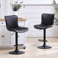 Set of 2 Bar Stools with Black Leather Swivel Adjustable Height