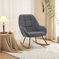 Grey Rocking Chair Linen Fabric Upholstered Metal Legs Wooden Skates