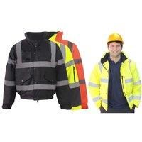 Hi Viz Vis Bomber Jacket High Visibility Security Workwear Safety Wear Fluorescent Flashing Reflective Tape Contractor Concealed Hood Waterproof Padded Hooded Work Coat Top(Orange/Navy,XL)