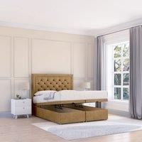 Sloomy Montana Plush Fabric Ottoman Bed End Opening With Sprung Memory Mattress & 26 Inch strut Headboard in Light Brown | Size: Super King