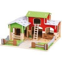 Bigjigs Toys Wooden Cobblestone Farm with Working Gates, a Stable, Hay Loft