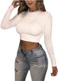 Artfish Ladies Long Sleeve Stretchy Crop Top Slim Fitted Sexy White,XL