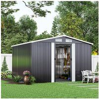 Living and Home 8x8FT Outdoor Metal Garden Tool Storage Shed - Waterproof Apex Roof, Sliding Door(Black) in Black