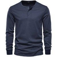 MODISHION Men's Long-Sleeved Henley T-Shirt in Dark Blue | Size: Small