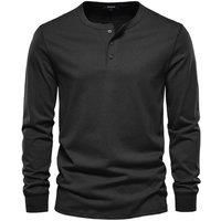 MODISHION Men's Long-Sleeved Henley T-Shirt in Black | Size: 2XL