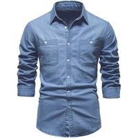 MODISHION Men's Long Sleeve Button-Up Shirt with Chest Pockets in Blue | Size: 2XL