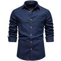 MODISHION Men's Long Sleeve Button-Up Shirt with Chest Pockets in Dark Blue | Size: 2XL