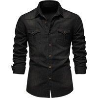 MODISHION Men's Long Sleeve Button-Up Shirt with Chest Pockets in Black | Size: Medium