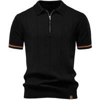 MODISHION Men's Turn-Down Short-Sleeve Polo Shirt with Partial Zip Placket in Black | Size: Small