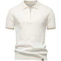 MODISHION Men's Turn-Down Short-Sleeve Polo Shirt with Partial Zip Placket in White | Size: Medium