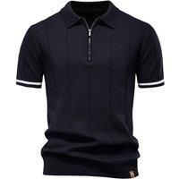 MODISHION Men's Turn-Down Short-Sleeve Polo Shirt with Partial Zip Placket in Dark Navy | Size: Small