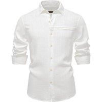 MODISHION Men's Linen Breathable Turn Down Collar Long Sleeve Shirt in White | Size: Small