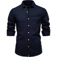 MODISHION Men's Linen Breathable Turn Down Collar Long Sleeve Shirt in Dark Navy | Size: Large
