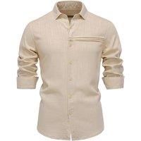 MODISHION Men's Linen Breathable Turn Down Collar Long Sleeve Shirt in Beige | Size: Medium